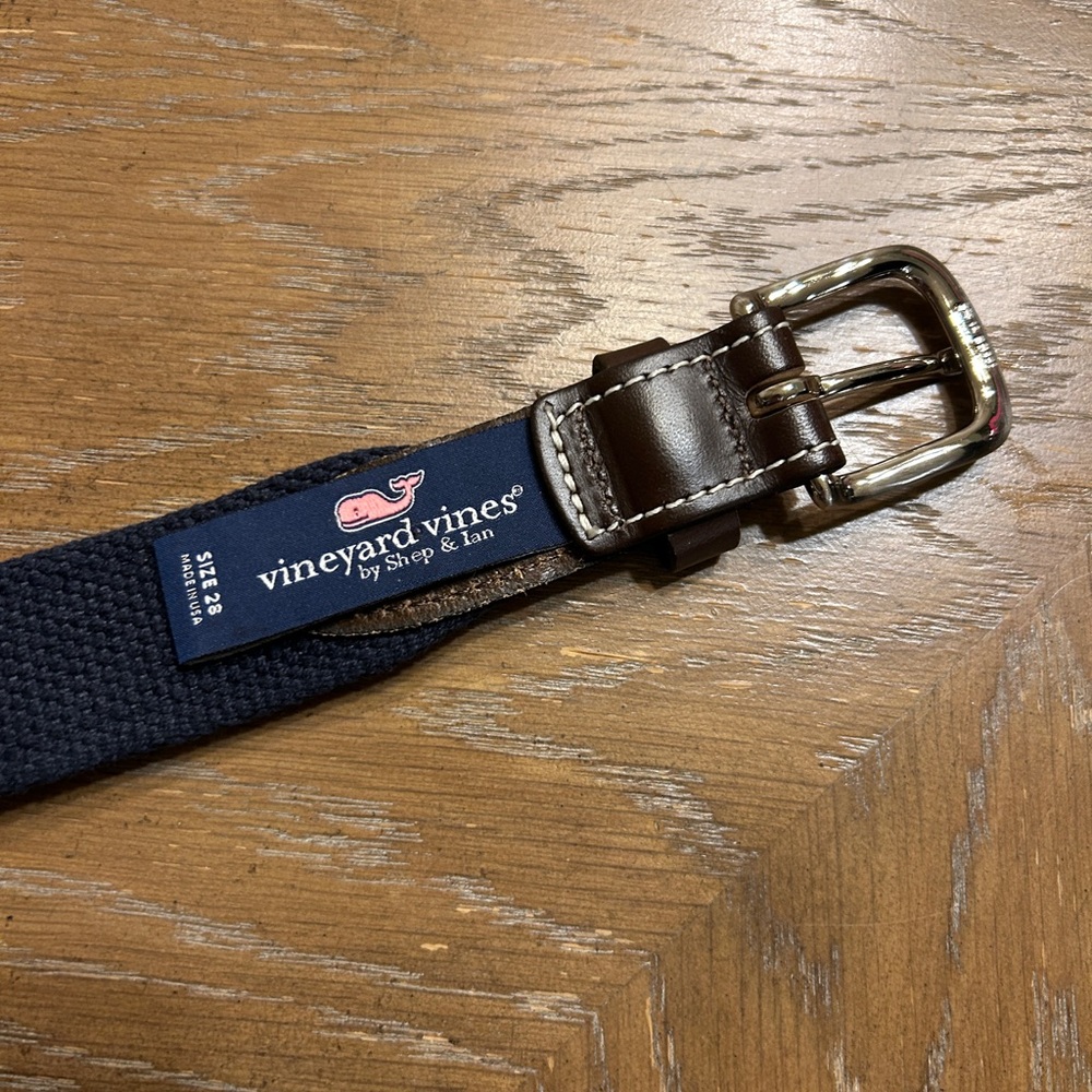 Vineyard Vines Boy’s Men's Navy and Brown Belt with Silver Buckle Sailboats